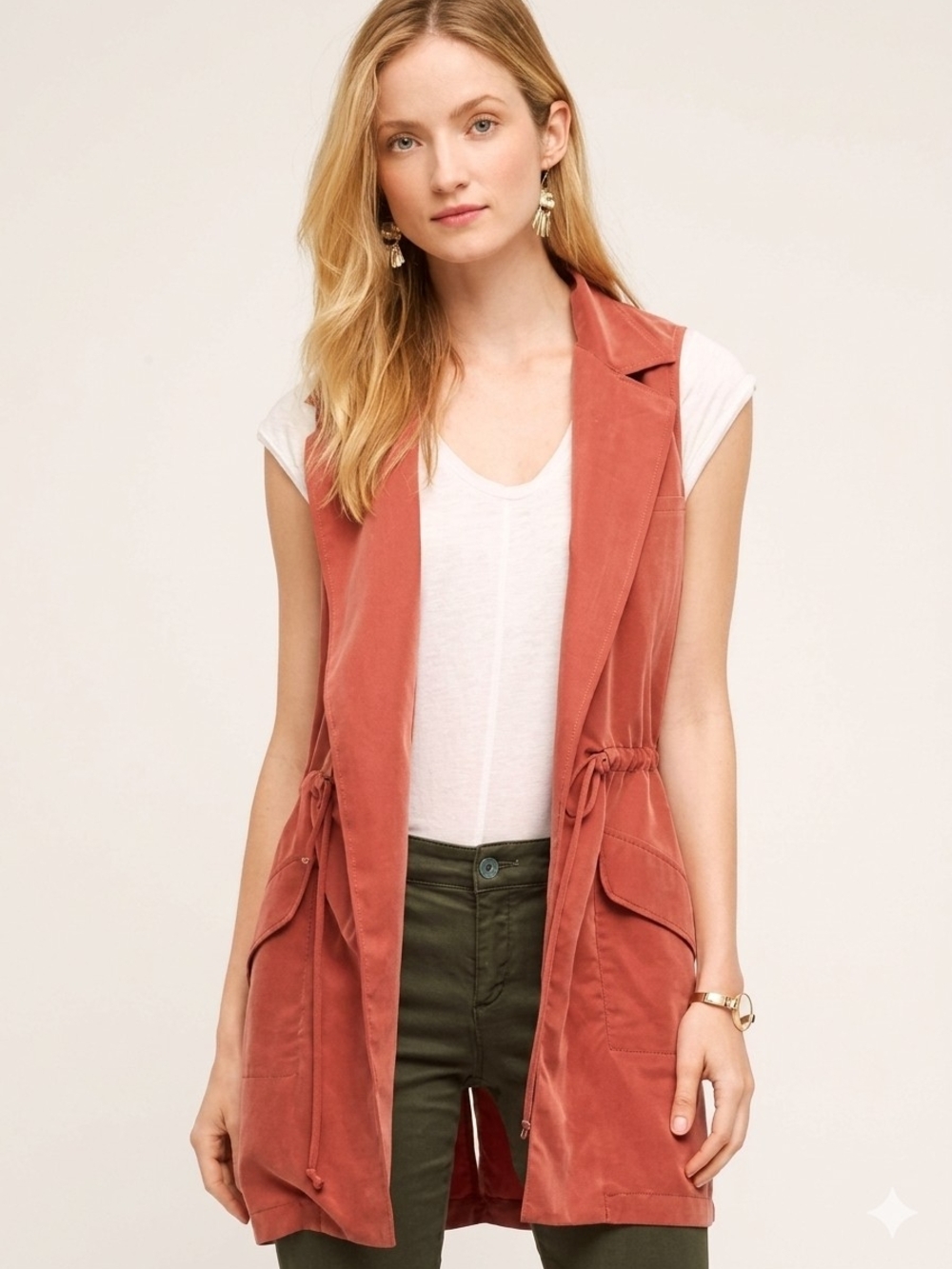 Anthropologie Elevenses Old Town Vest Large Rust Terracotta Utility Duster Long